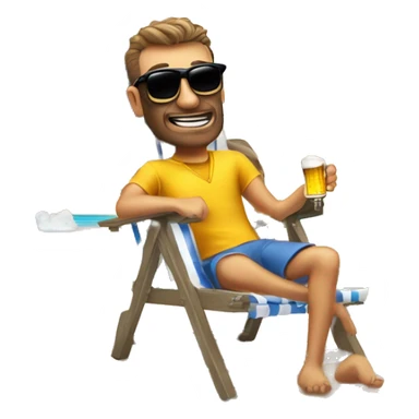 Hombre sentado tomando cerveza en una silla en la playa con lentes de sol  sticker
