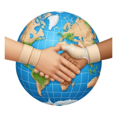 instead of two hands holding a globe, we have two hands handshaking in front of a globe. And in the background, we can see that the globe has a bandage or something. The handshake shows negotiation and the bandage around the globe shows improvement on climate change. Negotiation and climate change.  sticker