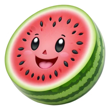 Cute Kawaii Watermelon Slice, juicy and vibrant, soft pastel green rind with pink flesh, tiny black seeds shaped like hearts, an adorable happy face with cute round eyes, bursting with summer energy! sticker