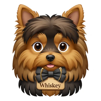 A Yorkie dog with a name tag that says "whiskey" sticker