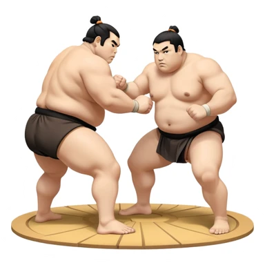 Two sumo wrestlers in a classic dohyo ring, each displaying powerful stances and ready to engage in a fierce match. One wrestler attempts a pushing attack, while the other counters with a thrust. The background shows the traditional sumo arena and spectators. Transparent background. sticker
