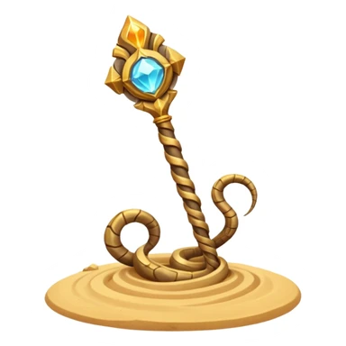 desert sand mage staff object icon, ancient staff with serpent coils around it, glowing golden sand gem on top, swirling sand aura, fantasy desert weapon, 3D cartoon, mobile game icon style, centered, clean background, no text, no watermark
 sticker
