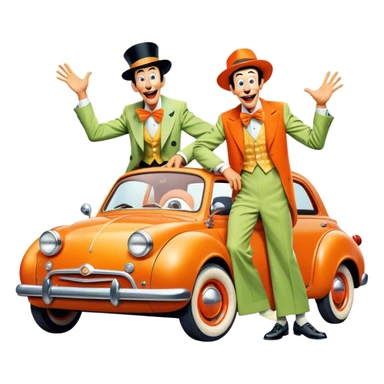 A vintage movie poster-style design with two goofy characters in outrageous outfits, showing exaggerated, silly expressions. Include elements like a goofy car, ridiculous props, and comical facial expressions. Retro comedic style with vibrant colors. Transparent background. sticker
