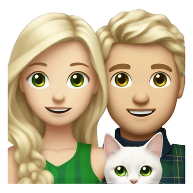 Blonde girl with long wavy hair and green eyes and blonde boy with blonde short hair and blue eyes wearing a vest, the couple is holding a scottish straight white cat green eyes sticker