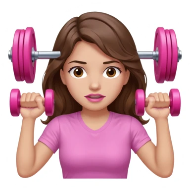 girl with wavy long brown hair, brown eyes, light to medium complexion, long lashes, light pink lipstick, wearing light pink shirt, lifting a pink dumbells sticker