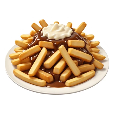 poutine, québec, white cheese curds with gravy on fries in a white plate sticker