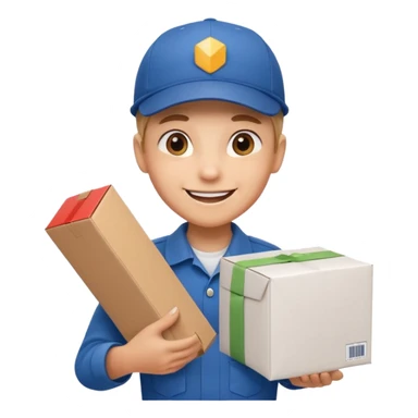  delivery worker holding a cardboard package. Wearing a cap and uniform shirt, smiling expression. Rounded, glossy, smooth, soft shadows, white background.




 sticker