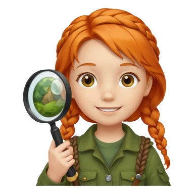 braid orange haired girl kid in moss green explorer outfit, holding magnifying glass, smile sticker