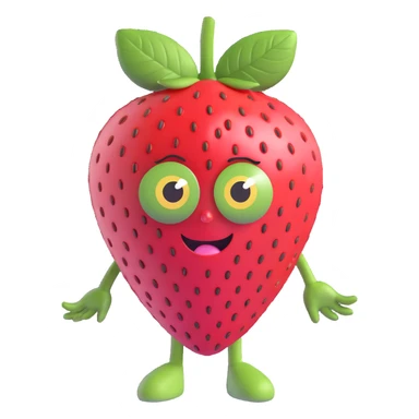3D adorable anthropomorphic strawberry, round face, green leaf hair, pink-red skin with seeds, big expressive eyes, no limbs, kawaii Japanese vibe sticker