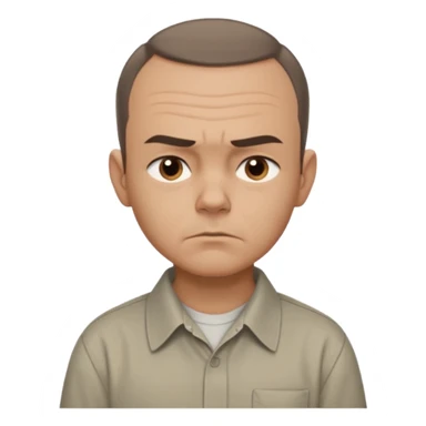 Carl from Sling Blade, serious expression, recognizable features, chin sticking out, slouching posture, no glasses, shirt with collar,  side view,show his entire body, he is standing. three-quarter face angle. He sticks his head forward. face should be more realistic sticker