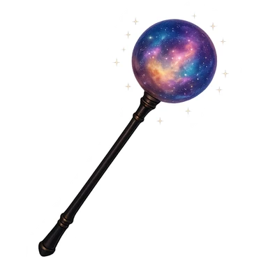 a sleek wand with a glowing nebula orb at the end, surrounded by tiny stars, mystical and celestial, fantasy art sticker