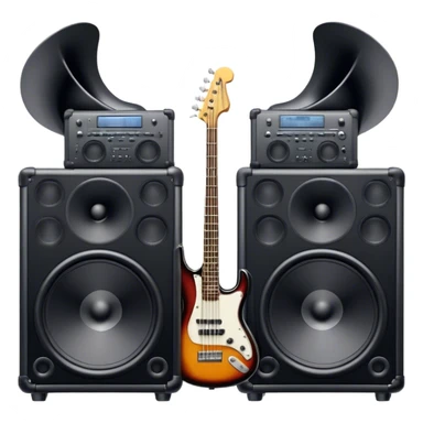 Icon for R&B Music Listening: large concert speakers with waves of musical notes coming out, along with a bass guitar, drum kit, and synthesizer. The icon should convey the energetic and rhythmic vibe of R&B music. Transparent background. sticker