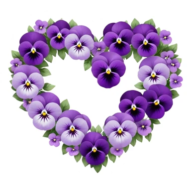 A meticulously crafted heart-shaped floral arrangement featuring deep lilac hues and delicate ice violet pansies, elegantly intertwined with amethyst-colored blossoms and soft pastel purple accents, rests gracefully upon a luxurious pearl satin fabric, shimmering under the light with intricate silver embellishments. sticker