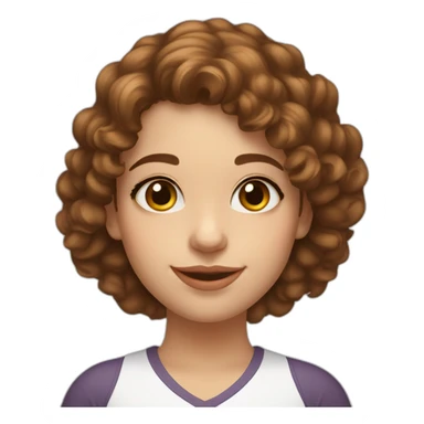 A 27 year old woman with brown shoulder length curlyish hair, hazel eyes, button nose & white skin with rosey cheeks & cleft on chin sticker