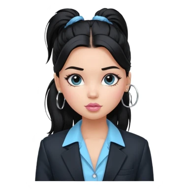 generate a pretty bratz girl with black hair tied up in a single ponytail. wearing a light blue full sleeve shirt and a black blazer over it. silver small hoops, pink lipgloss.  sticker