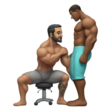 Body builder tattoo doctor inspecting leg sticker