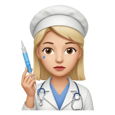 healthcare professional nurse holding a syringe in hand, doubtful expression, one raised eyebrow, crooked mouth, as if wondering something sticker