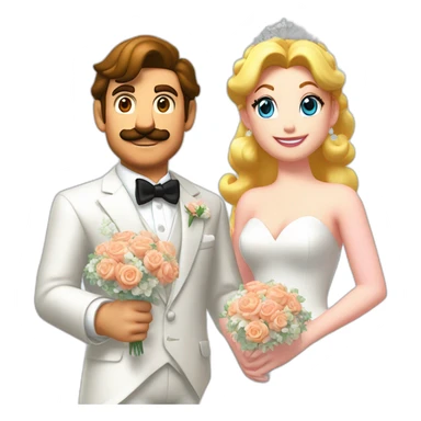 Mario and Princess Peach at their wedding, dressed in wedding attire, with Peach holding a bouquet and Mario in a white suit sticker