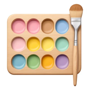 "Minimalist emoji of a small wooden palette with five pastel paint blobs, paired with a sleek, thin paintbrush, soft shadows, and clean lines." sticker