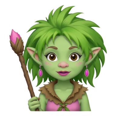 A green troll with green hair and brown and tan raggedy clothes on holding a brown stick with pink lipstick, long eyelashes and pink nails sticker
