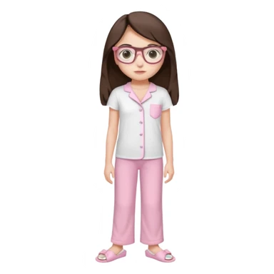 Girl age 20 years old with dark brown long hair, light skin, brown eyes, wearing a miu miu glasses the brown ones, and wearing a top in white with a pair of pyjama pants in pink and it's mocked in light pink too and a slipper in white and she looks pretty  sticker