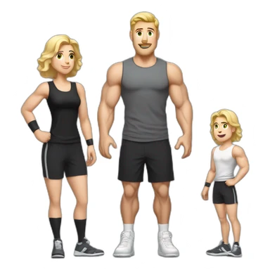 Full height Actively gesturing with hands Pale skinned fit man With the biceps and blonde hair In dark gray sleeveless mike, black oversize sports shorts, watch and white sneakers sticker