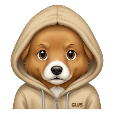 Dog wearing hoodie with Gus on hoodie sticker