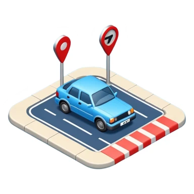 
A 3D minimal icon showing a street route to a destination with a single vehicle, a blue road, and small red accents for alerts. The style is clean, minimal 3D, with a transparent background. sticker