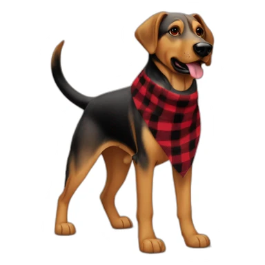 adult 75% Coonhound 25% German Shepherd mix dog with visible tail wearing small pointed red buffalo plaid bandana full body walking left quickly sticker