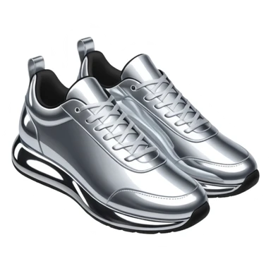 A pair of futuristic sneakers emoji made of silver chrome, sleek streetwear design, smooth metallic panels, subtle reflections, luxury swag aesthetic, iOS emoji style, centered, clean white background sticker