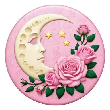 A round pink button with a light cream full damask moon and pink roses in the center sticker