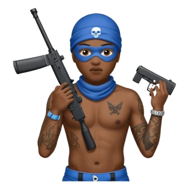 Ebony Crip gang member with no shirt an ski mask with tattoos all over holding AR 15 sticker