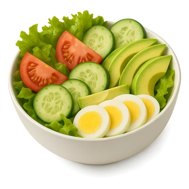 Add sliced boiled egg to the salad, keeping the style clean and simple with no background. sticker