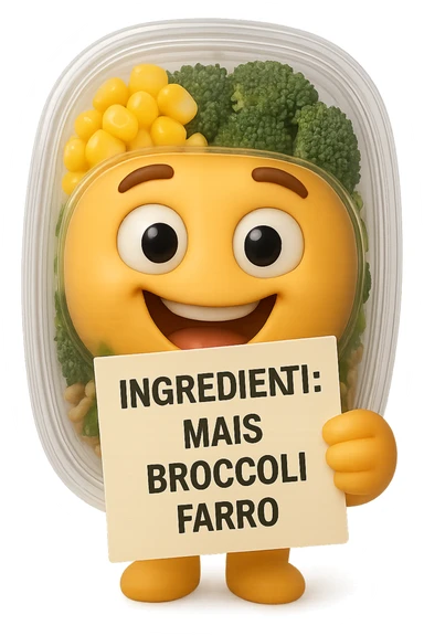 SU QUESTO STILE FAI UN EMOJI STILE IPHONE 3D DI UN INSALATA PRECONFEZIONATA DA SUPERMERCATO CON FOCUS SU ETICHETTA NUTRIZIONALE CON GLI INGREDIENTI IN ITALIANO TIPO: MAIS, BROCCOLI, FARRO, ACCANTO ALL'INSALATA CHE HA IN MANO C'è UN FOCUS SULL'ETICHETTA CON GLI INGREDIENTI SCRITTI, FALLO MOLTO REALISTICO IN 3D sticker