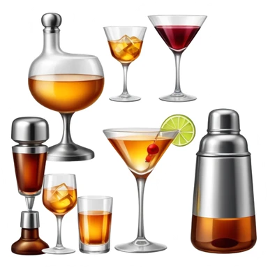 bar items set including cocktail shaker, wine glasses, whiskey bottle sticker