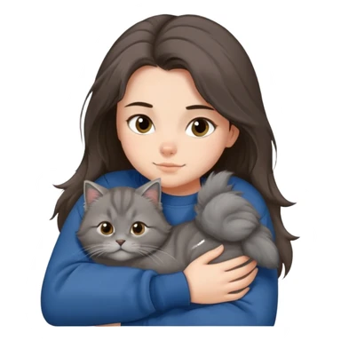 Brunette girl with dark blue sweatshirt snuggling a fluffy grey Siberian cat sticker