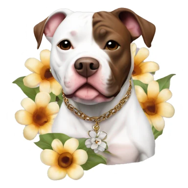 White pit bull with big brown spots on body and flower necklace sticker
