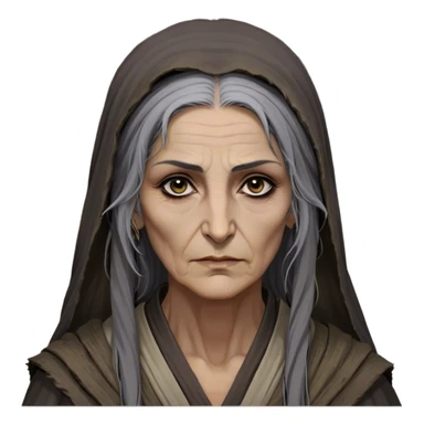 Mirri Maz Duur is a weathered, age 60 Lhazareen woman with deep-set dark eyes, high cheekbones, and a sharp nose, giving her a stern, knowing expression. Her long, unkempt dark hair streaked with gray falls loosely over her shoulders, and her earth-toned, tattered robes mark her as a humble healer. Despite her frail appearance, she exudes an aura of mystery and menace, her hands stained with herbs and blood from both healing and dark sorcery. sticker