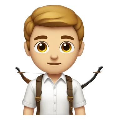 a male, aiming with a bow, facing  his target, eyes closed, wearing a white shirt, very short brown hair, bright skin, only show upper part of the body from waist up sticker