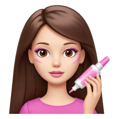 Barbie girl a brown long Straight hair and brown eyes is In pale pink smears by hand cosmetic cream on her face sticker