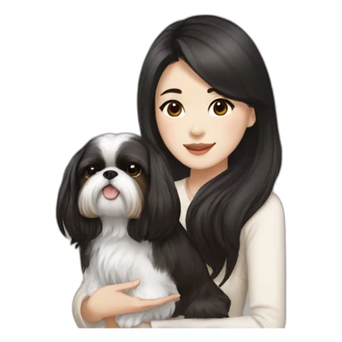 long black hair korean girl with white and brown colored shih tzu sticker