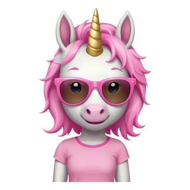 friendly anthropomorphised female unicorn with horse-like face, in tutu and pink t-shirt, wearing dark sunglasses, standard pose, close-crop head and shoulders portrait sticker