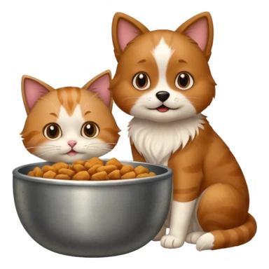 The dog is itching because of fleas, the cat is eating a lot of food from the bowl sticker