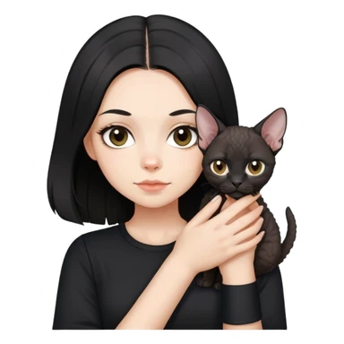 a  girl with black long hair with a white devon rex with black shirt sticker
