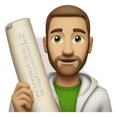 A light-skinned man with piercing green eyes, impeccably styled brown hair, and a confident demeanor holding the long white paper scroll sticker