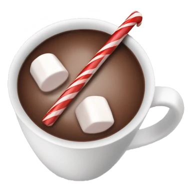hot chocolate in a mug with marshmallows and a candy cane and a chocolate rod sticker