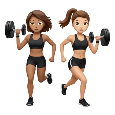 two women. the left one is running. the right one is lifting weights. they have brown hair, light skin, hazel eyes. sticker