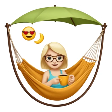 Créer un emoji stylisé et coloré représentant le week-end, joyeux et relaxant. L’emoji doit être rond, lumineux, avec un visage souriant ou des lunettes de soleil. Ajouter des éléments évoquant le repos ou le plaisir : café, hamac, soleil, musique, détente.  sticker