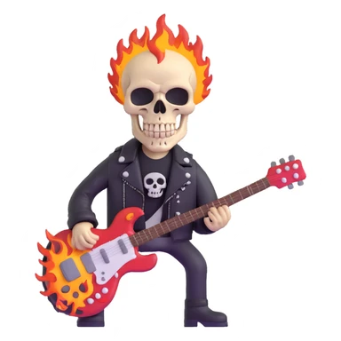 heavy metal skull with flames, electric guitar, leather jacket sticker