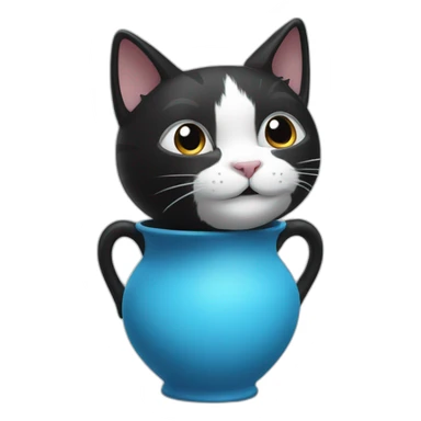 the head of a smiling black and white cat emerging from a blue vase sticker